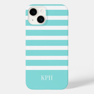 Modernes Aqua Blau und Weiß Streifen mit Monogramm Case-Mate iPhone 14 Hülle