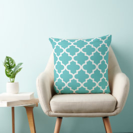 Modernes Aqua Blue marokkanisches Quatrefolienmust Kissen