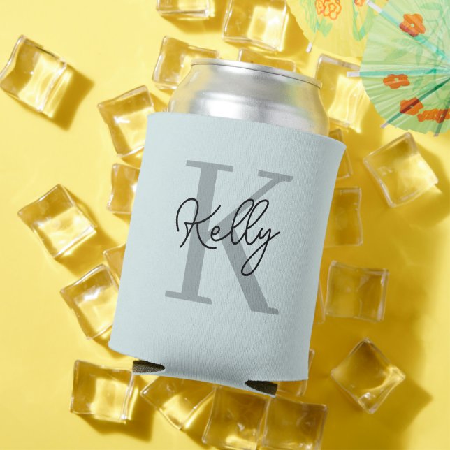 Modernes Aqua Blue Monogram Script Dosenkühler (In Situ Sommer)