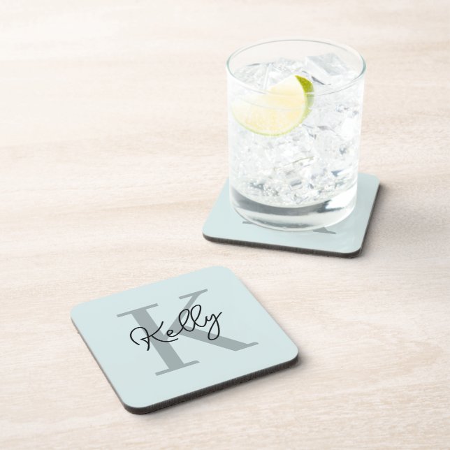 Modernes Aqua Blue Monogram Script Getränkeuntersetzer (Rechte Seite)
