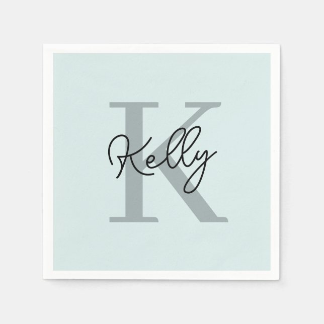 Modernes Aqua Blue Monogram Script Serviette (Vorderseite)