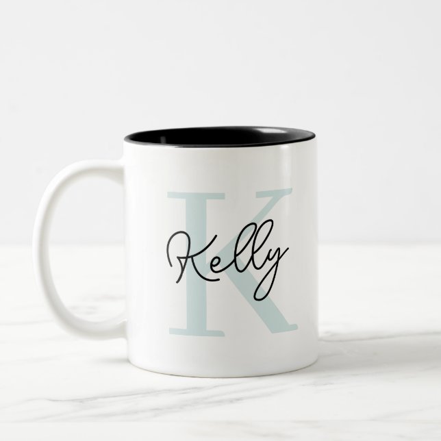 Modernes Aqua Blue Monogram Script Zweifarbige Tasse (Links)