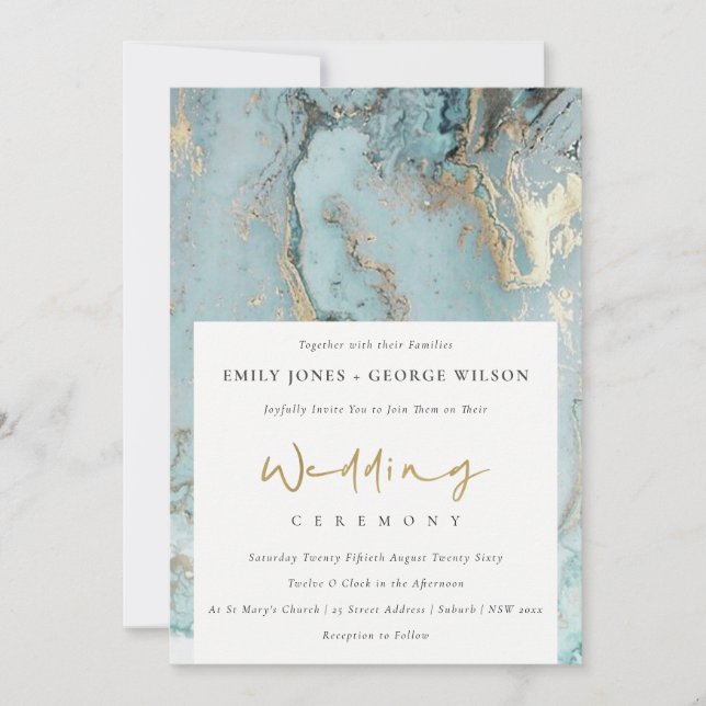 MODERNES AQUA DUSKY BLAUE GOLD AGATE WEDING INVITE DANKESKARTE (Vorderseite)