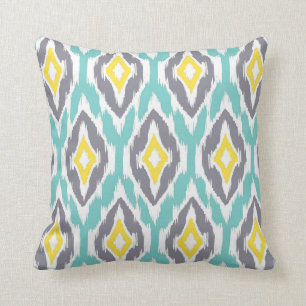 Modernes Aqua graues gelbes Ikat Stammes- Muster Kissen