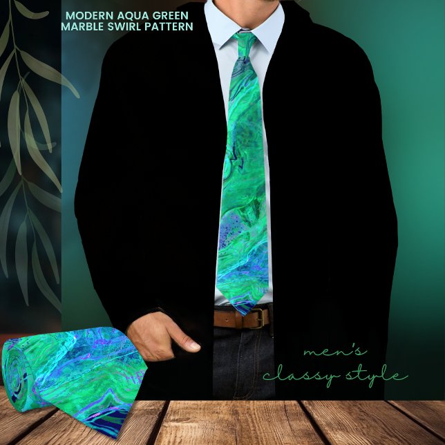 Modernes Aqua Green Marble Swirl Art Pattern Krawatte (Modern Aqua Green Marble Pattern Neck Tie with jacket)