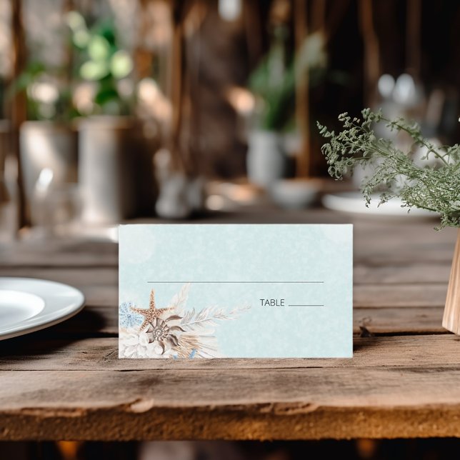 Modernes Aqua Ocean & Muscheln Hochzeit Platzkarte (Modern Aqua Ocean & Seashells Wedding Flat Place Card)