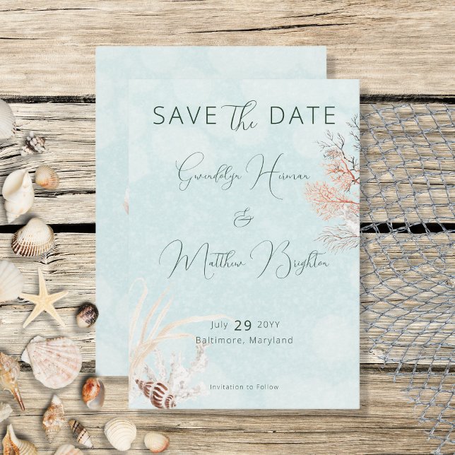 Modernes Aqua Ocean & Muscheln Hochzeit Save The Date (Von Creator hochgeladen)