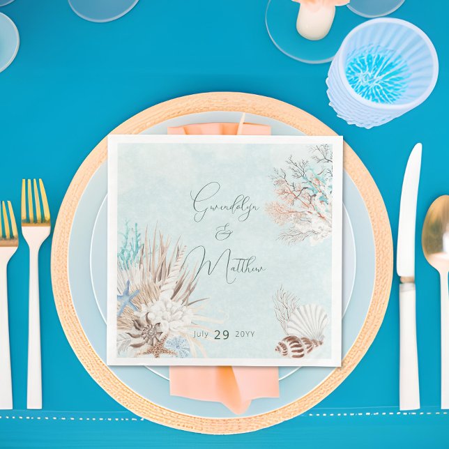 Modernes Aqua Ocean & Muscheln Hochzeit Serviette (Modern Aqua Ocean & Shells Wedding Dinner Napkin)
