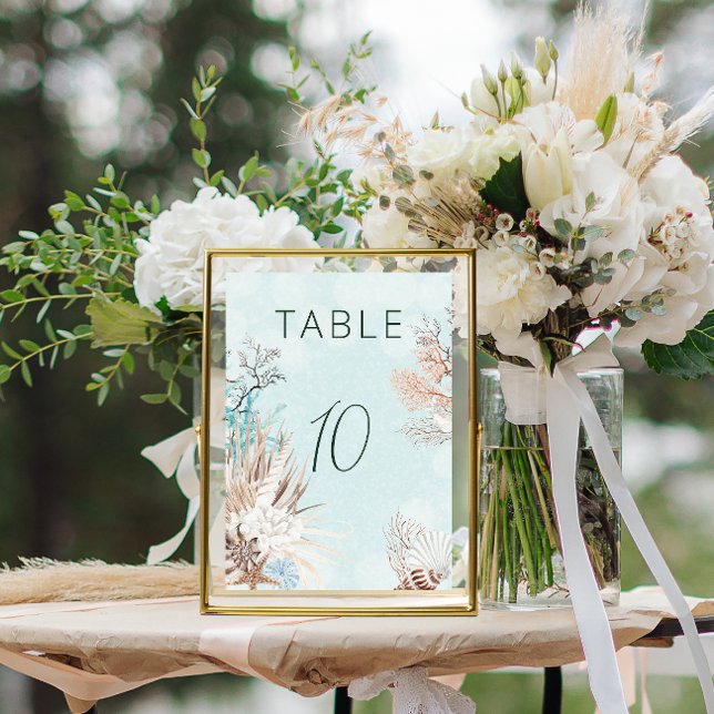 Modernes Aqua Ocean & Muscheln Hochzeit Tischnummer (Modern Aqua Ocean & Seashells Table Number Card)