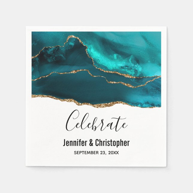 Modernes Aquamarin & Gold Agate auf Weiß Serviette (Vorderseite)