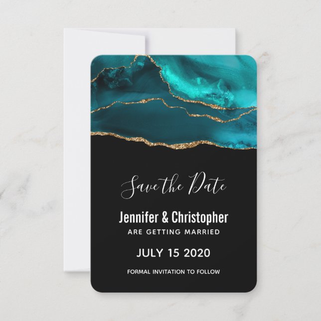 Modernes Aquamarin & Gold Agate Stone Abstract Des Save The Date (Vorderseite)