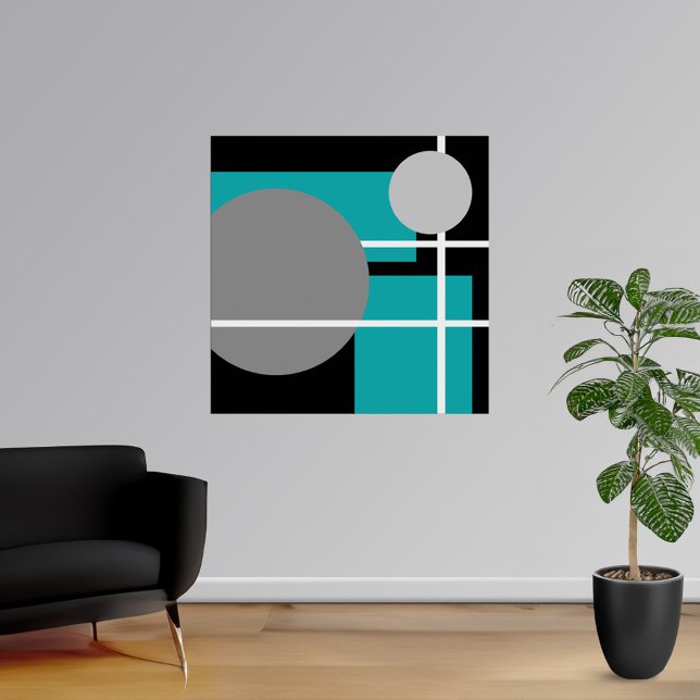 Modernes Aquamarin Gray Schwarz-weiß - MS001 Leinw Poster (Modern Teal Gray Black White Poster at Modern Shapes Canvas. Choose your size.)