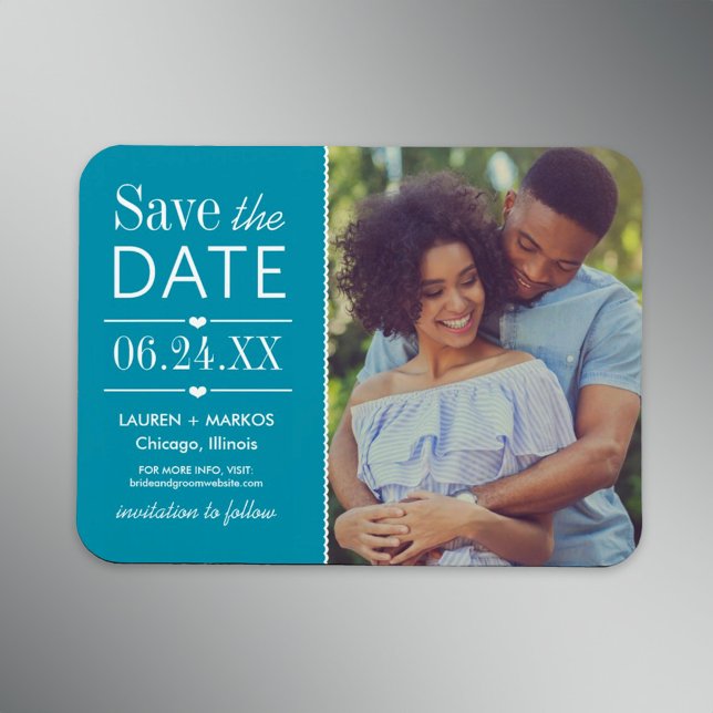 Modernes Aquamarin Hearts Wedding Foto Save the Da Magnet (Von Creator hochgeladen)