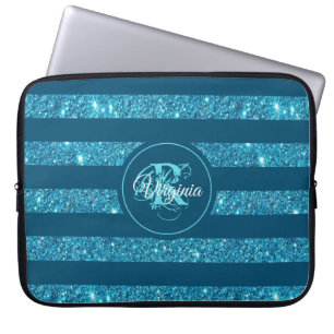 Modernes Aquamariner blauer Glitzer Streifen Monog Laptopschutzhülle
