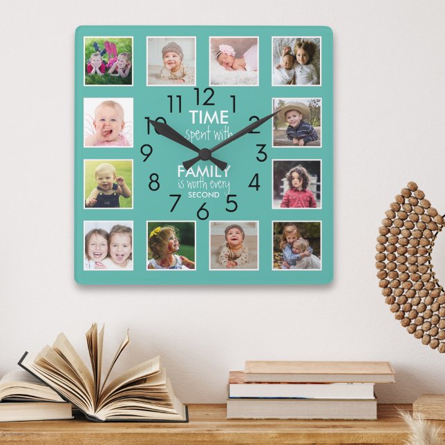 Modernes, Aquamarines Angebot für 12 Collage Famil Quadratische Wanduhr (Modern 12 Photo Collage Family Time Quote Teal Square Wall Clock)