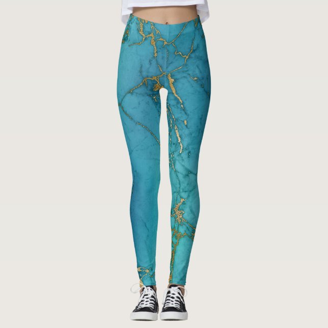 Modernes Aquamarines Blaues goldfarbenes Marmormus Leggings (Vorderseite)
