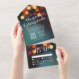 Modernes Aquamarines Gold Bokeh String Lights Wedd All In One Einladung