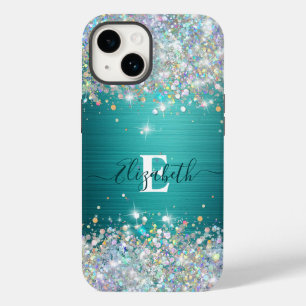 Modernes Aquamarines Holografisches Imitat Glitzer Case-Mate iPhone 14 Hülle