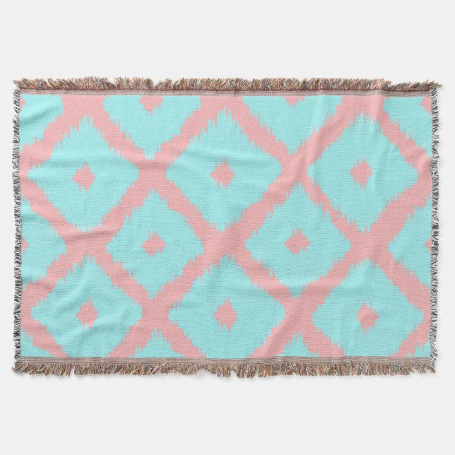 Modernes aquamarines korallenrotes trendy ikat decke (Vorderseite)