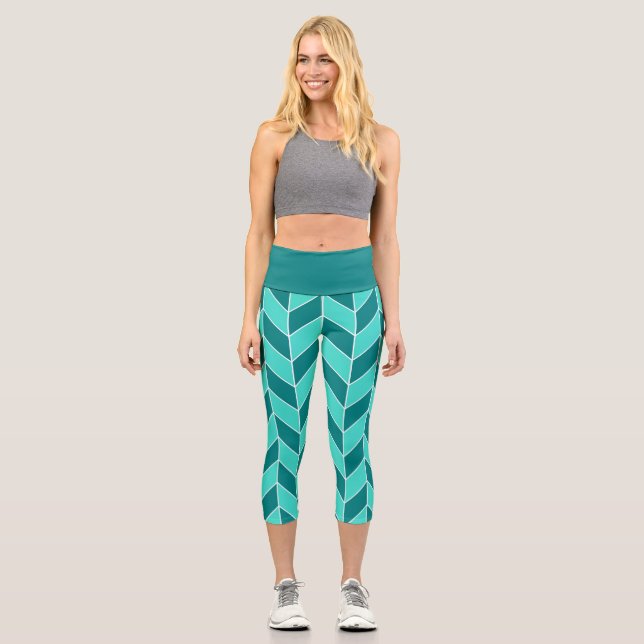 Modernes Aquamarines türkisfarbenes Herringbone-Zi Capri Leggings (Vorderseite)
