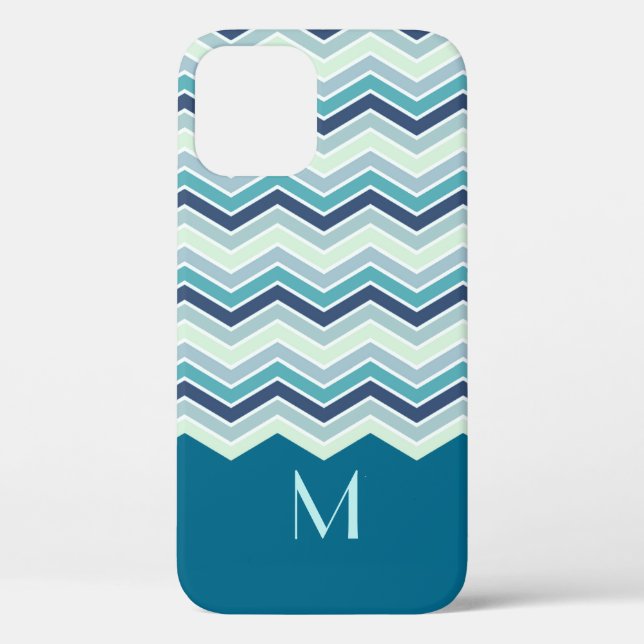 Modernes aquamarines Zickzack Streifen-Monogramm Case-Mate iPhone Hülle (Rückseite)