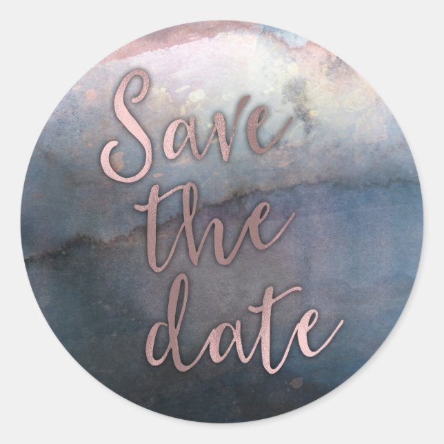 Modernes Aquarell Blau & Rose Gold Save the Date Runder Aufkleber (Vorderseite)