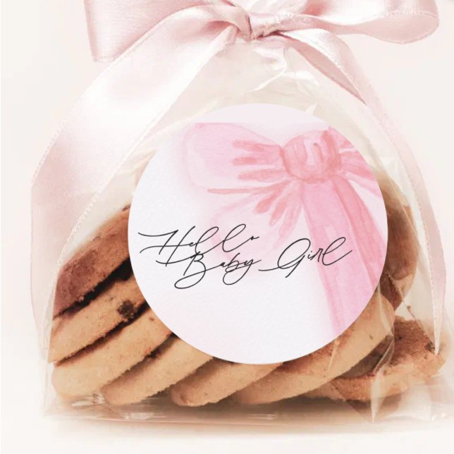 Modernes Aquarell Blush Pink Bow Hallo Baby Girl Runder Aufkleber (Von Creator hochgeladen)