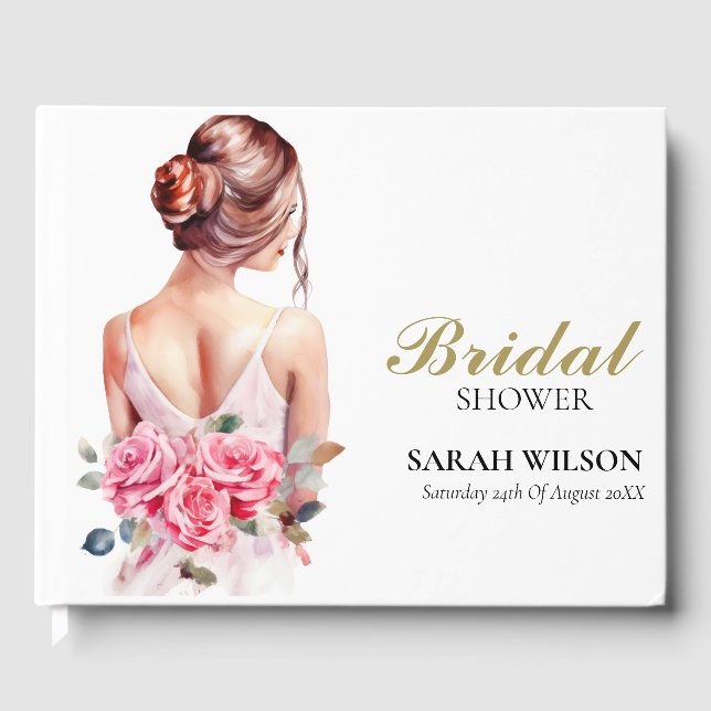 Modernes Aquarell Rosa Hochzeitskleid Brautparty Gästebuch (Vorderseite)