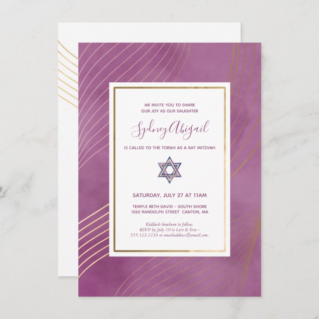 Modernes Aquarell Rosa und Gold Bat Mitzvah Einladung (Vorne/Hinten)