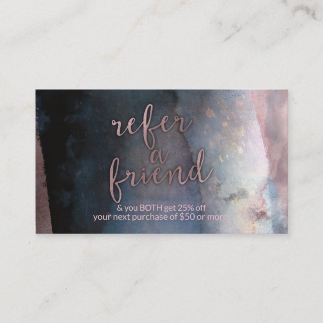 Modernes Aquarellblau & Rose Golden Gast Ein Freun Empfehlungskarte (Vorderseite)