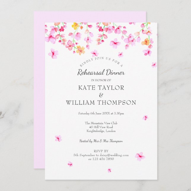 Modernes Aquarellblossom Probe Florenz Abendessen Einladung (Vorne/Hinten)