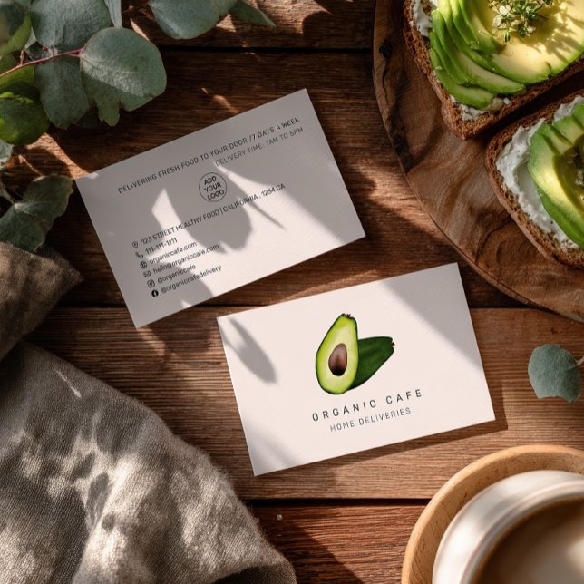 Modernes Aquarellcafé Avocado Zuhause-Lieferung Le Visitenkarte (Modern watercolor avocado cafe home delivery food business card)