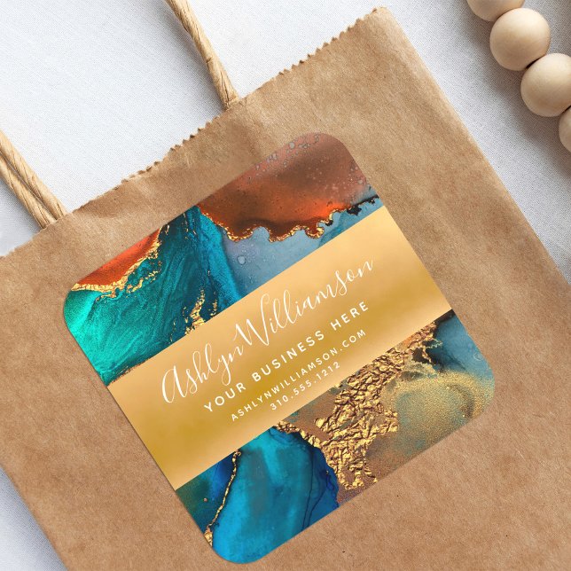 Modernes Aquarellgerät mit türkisfarbenem Goldoran Quadratischer Aufkleber (Von Creator hochgeladen)