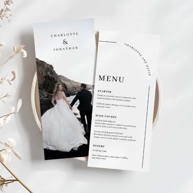 Modernes Arch Black and White Wedding Foto Menu (Von Creator hochgeladen)