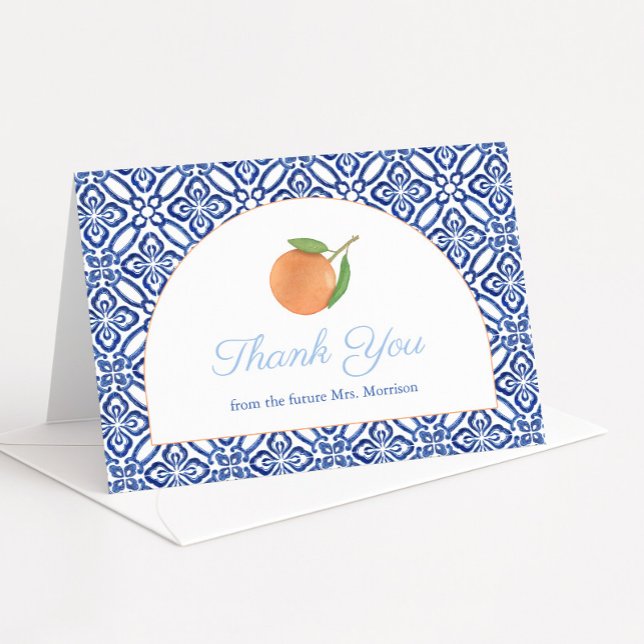 Modernes Arch Blue Tile Citrus Brautparty Dankeskarte (Modern arch with antique blue and white Italian tiles & single orange wedding shower thank you cards)