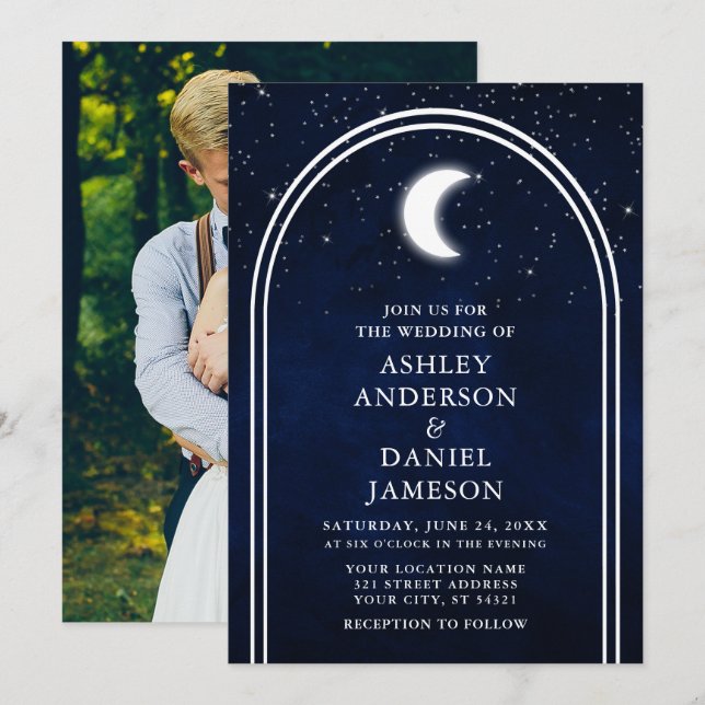 Modernes Arch Celestial Moon Stars Foto Hochzeit Einladung (Vorne/Hinten)