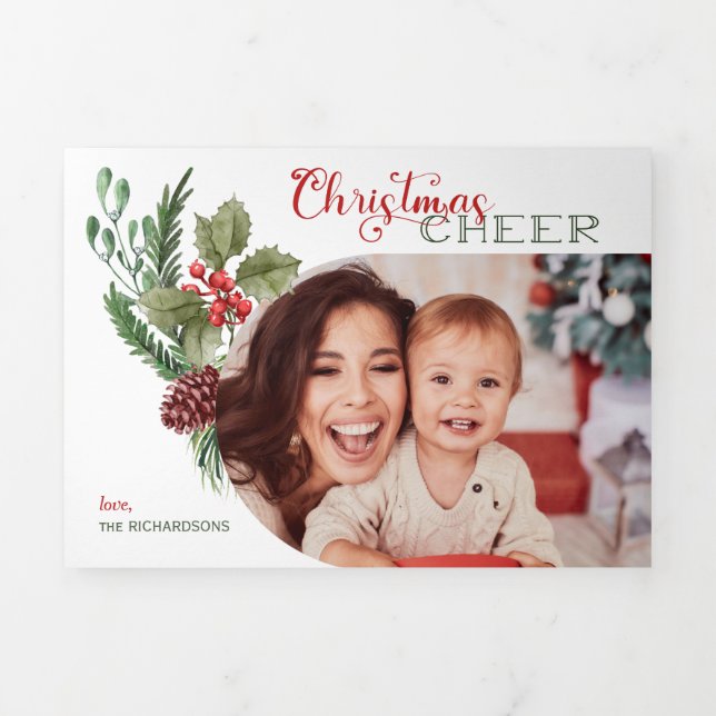 Modernes Arch Floral Weihnachten Chefskript-Foto Dreifach Gefaltete Urlaubskarte (Cover)