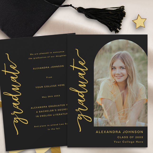 Modernes Arch-Foto Ankündigung (Modern trendy black and gold script arch photo graduation announcement card)