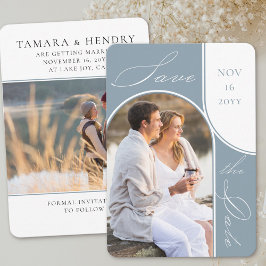 Modernes Arch Foto Elegante Kalligrafie Dusty Blue Save The Date