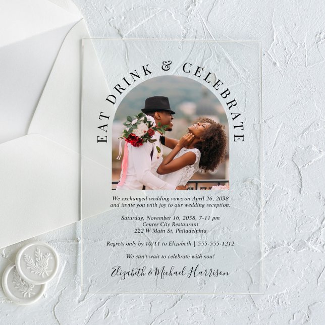 Modernes Arch Foto Hochzeitsempfang Acryleinladungen (Make your wedding reception unforgettable with stunning acrylic invitations—modern, elegant, unique!)