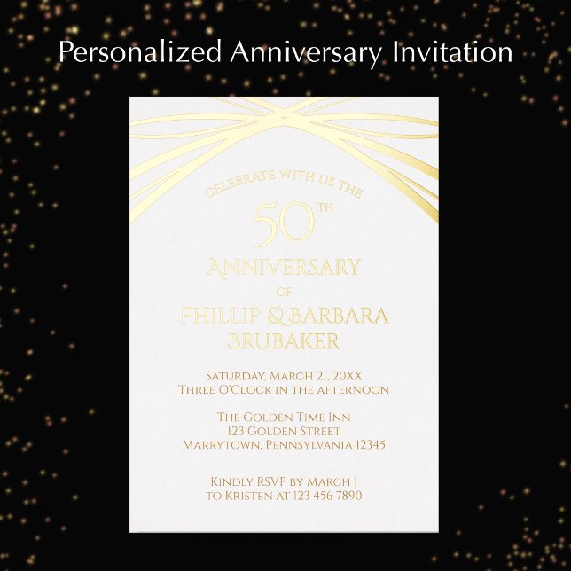 Modernes Arch Golden 50. Hochzeitsszenario-Party Folieneinladung (Personalize this elegant arch gold foil invitation for a custom wedding anniversary invitation.
)