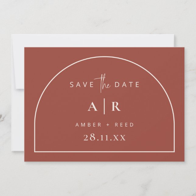 Modernes Arch Minimal Wedding Terracotta Script Save The Date (Vorderseite)