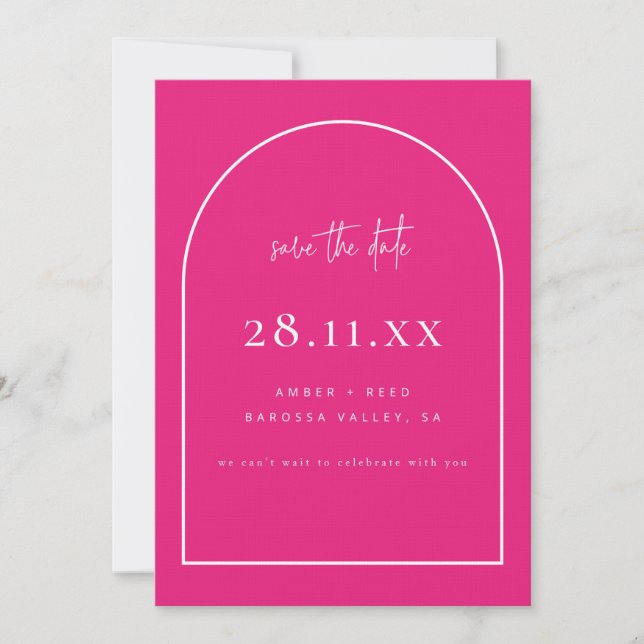 Modernes Arch Retro Minimalistisch-Hellrosa Fucsia Save The Date (Vorderseite)