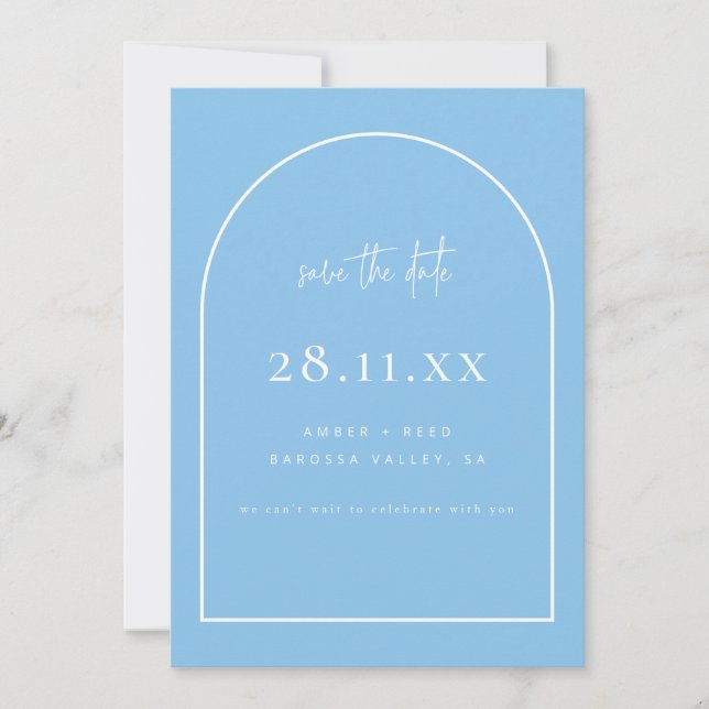 Modernes Arch Retro Minimalistisch Sky Blue Save The Date (Vorderseite)