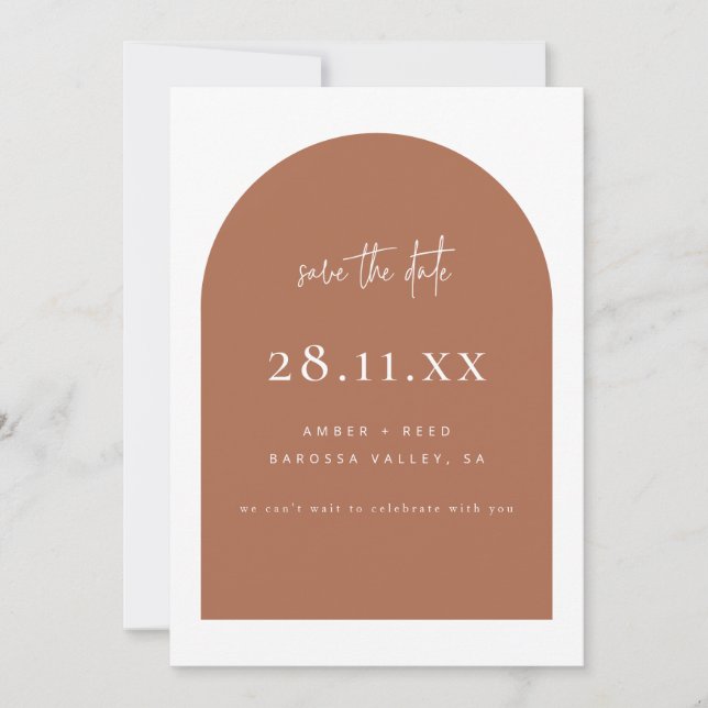 Modernes Arch Retro Minimalistisches Kupferskript Save The Date (Vorderseite)