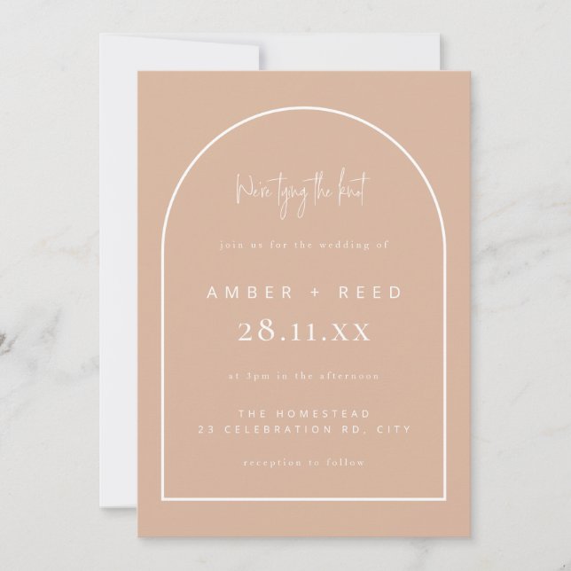 Modernes Arch-Tying-Knot Hochzeit-Blush Pink-Skrip Einladung (Vorderseite)