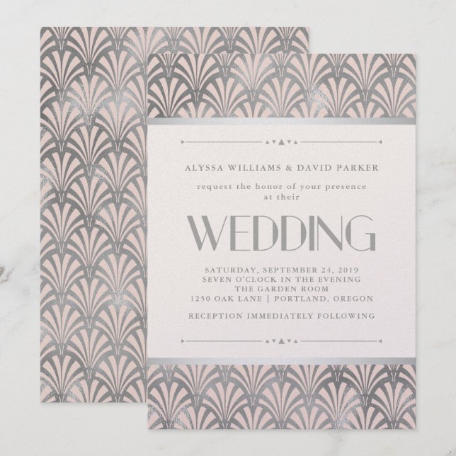 Modernes Art Deco | Blush and Imitats Silver Weddi Einladung (Vorne/Hinten)