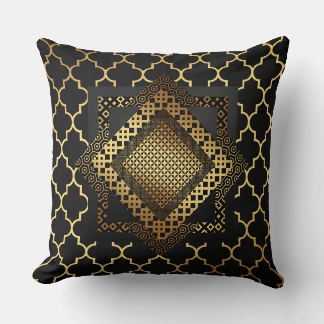Modernes Art Deco Golden Black Gold Geometrie Kissen (Vorderseite)