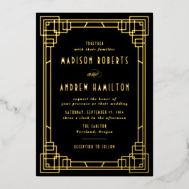 Modernes Art Deco Hochzeit von Schwarz und Gold Folieneinladung