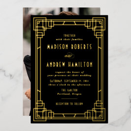 Modernes Art Deco Hochzeit von Schwarz und Gold Folieneinladung
